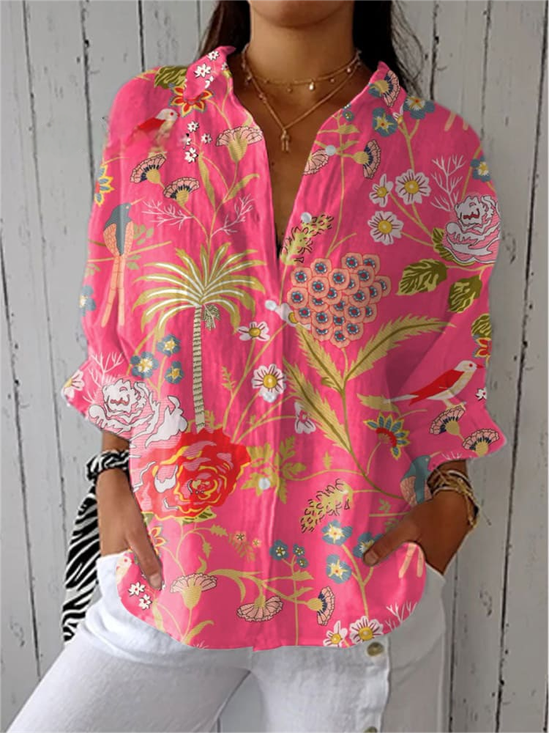 Women Floral Three Quarter Sleeve Shirt Spring/Fall Shirt Collar Holiday Casual Top