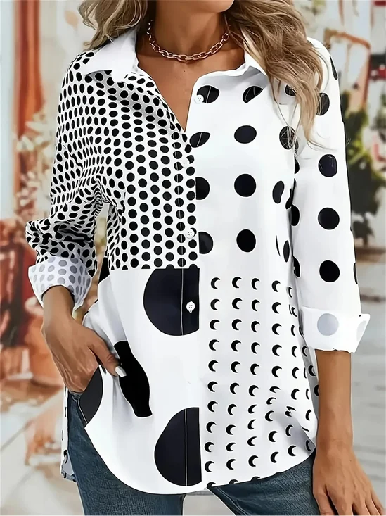 Women Polka Dots Long Sleeve Shirt Spring/Fall Shirt Collar Daily Casual Top