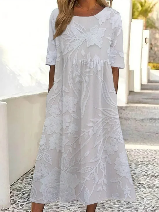 Women Floral Short Sleeve Summer Printing Dress Crew Neck Daily Casual Maxi Shift Dress H-Line Dress