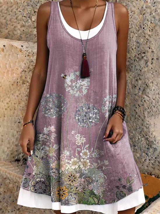 Women Floral Sleeveless Summer Dress Crew Neck Daily Casual Midi A-Line Dress
