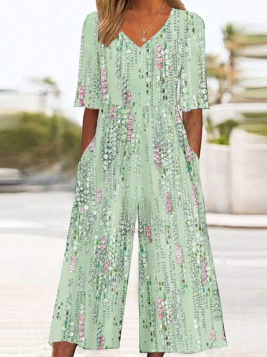 Women Gradient Pattern V Neck Half Sleeve Vintage Summer Jumpsuit