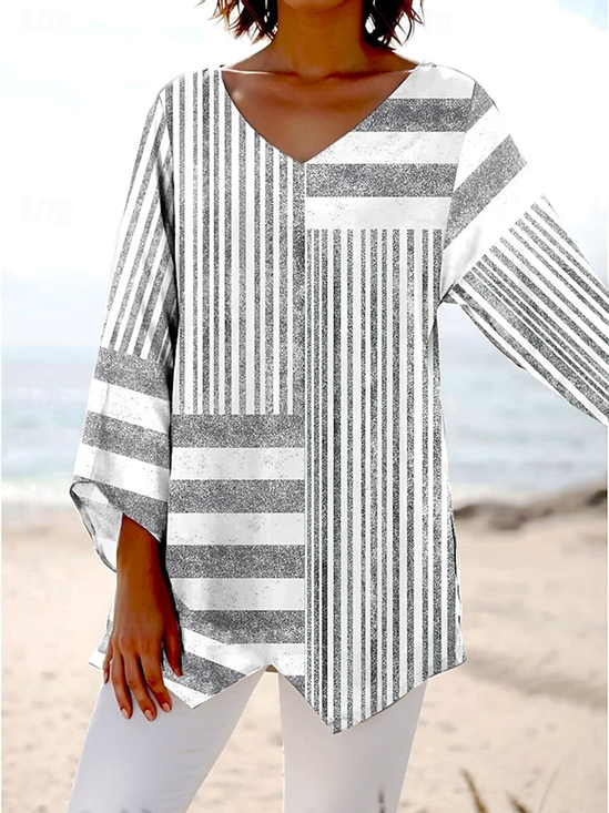 Women Striped Long Sleeve Blouse Spring/Fall V Neck Daily Casual Top