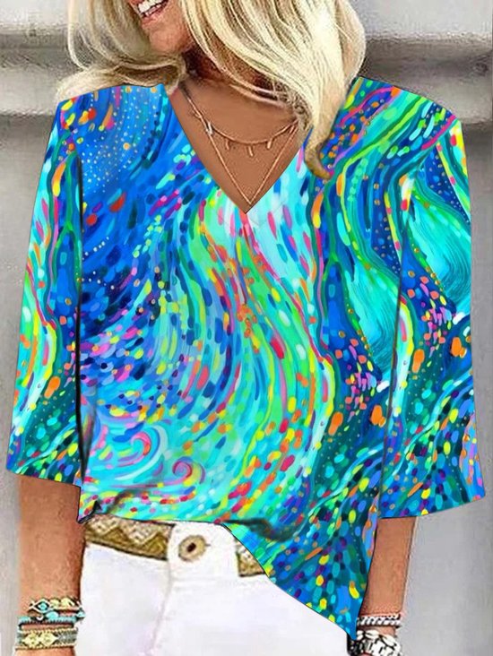 Women Abstract Graphic Half Sleeve Blouse Summer Shawl Collar Daily Casual Top