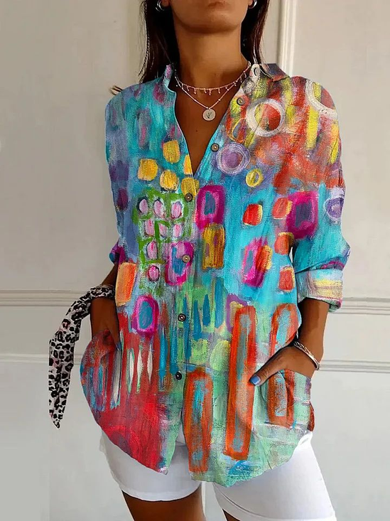 Women Abstract Long Sleeve Shirt Spring/Fall Buckle Shirt Collar Daily Casual Top