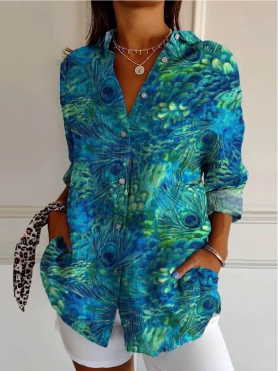 Women Feather Long Sleeve Shirt Spring/Fall Shirt Collar Daily Casual Top