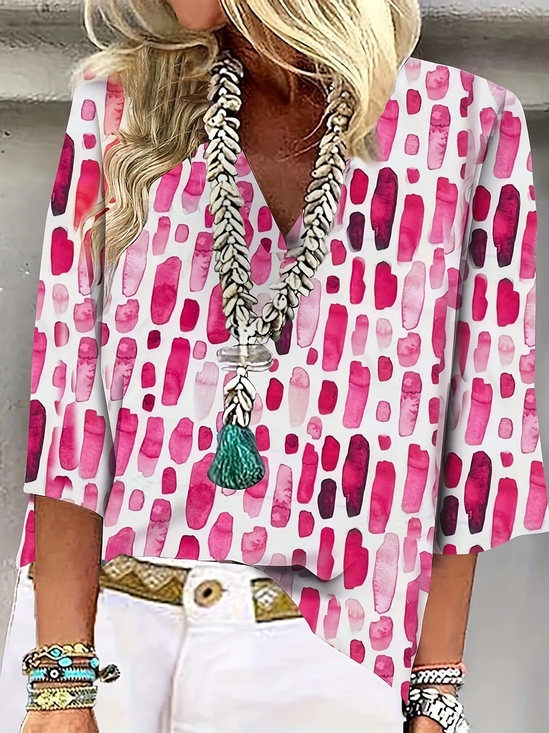 Women Geometric Half Sleeve Blouse Summer Shawl Collar Daily Casual Top