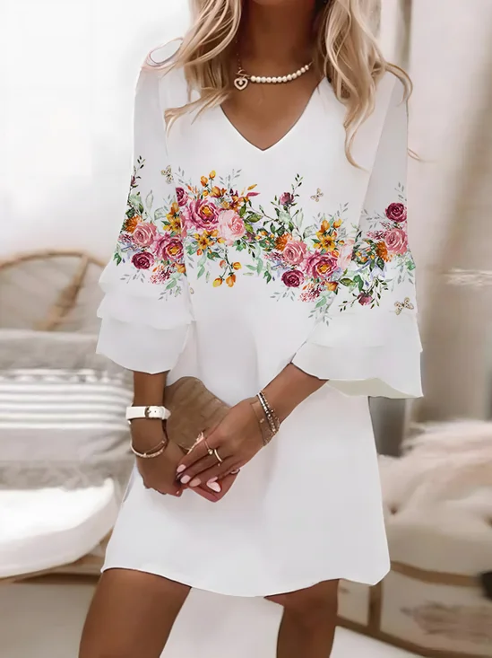 Women Floral Half Sleeve Summer Printing Dress V Neck Daily Casual Midi Classic H-Line Dress