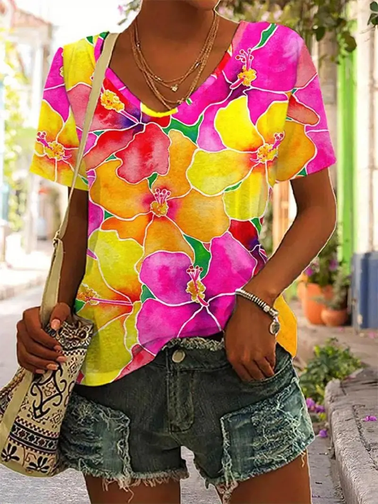 Women Floral Short Sleeve Tee T-shirt V Neck Casual Summer Top