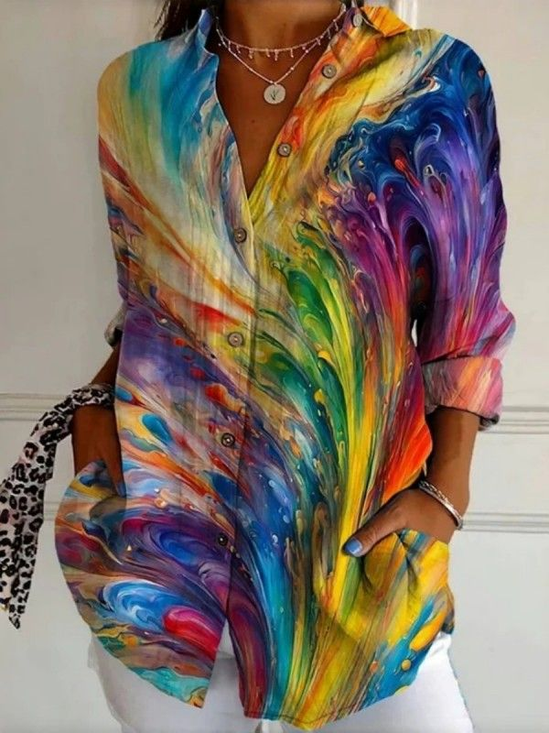 Women Abstract Long Sleeve Shirt Spring/Fall Buckle Shirt Collar Daily Casual Top