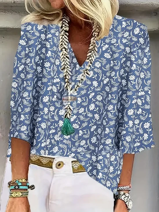 Women Floral Half Sleeve Blouse Summer Shawl Collar Daily Casual Top
