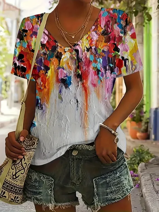 Women Colorblock Short Sleeve Tee T-shirt V Neck Printing Casual Summer Graphic Tee Top
