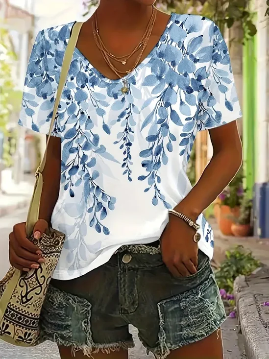 Women Floral Short Sleeve Tee T-shirt V Neck Printing Casual Summer Graphic Tee Top