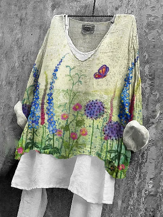 Women Floral Long Sleeve Blouse Spring/Fall Printing V Neck Daily Casual Top