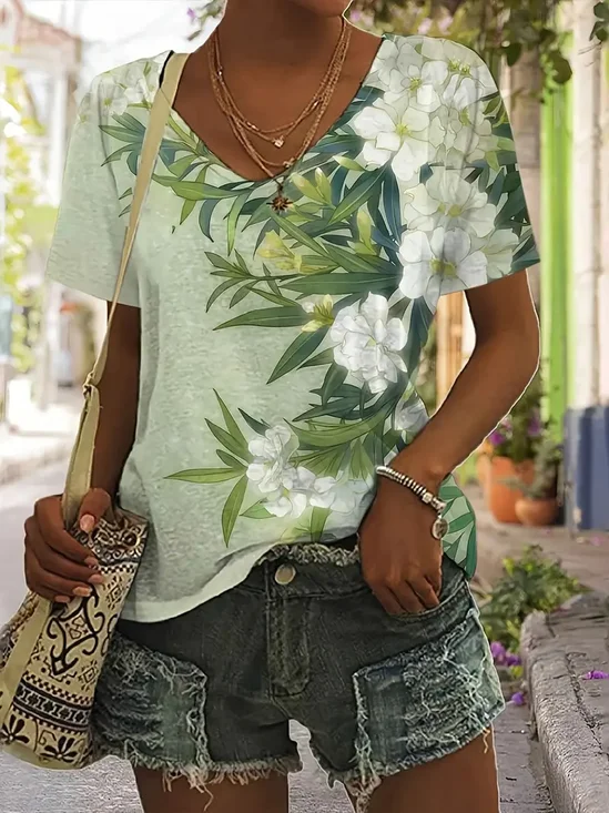 Women Floral Short Sleeve Tee T-shirt V Neck Printing Casual Summer Graphic Tee Top