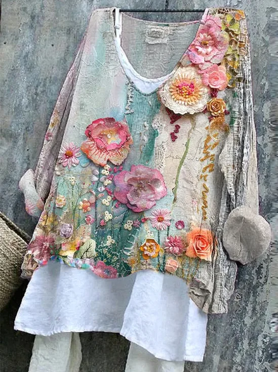 Women Floral Long Sleeve Blouse Spring/Fall Printing V Neck Daily Casual Top