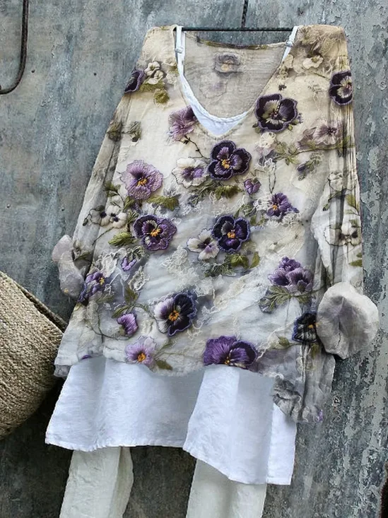 Women Floral Long Sleeve Blouse Spring/Fall Printing V Neck Daily Casual Top