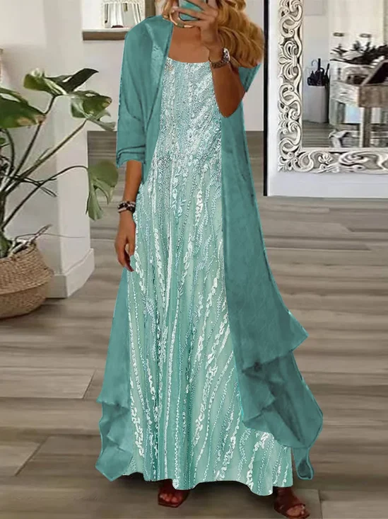 Women Abstract Printing Two-Piece Set Daily Three Quarter Sleeve Casual Spring/Fall Dress With Coat Matching Set