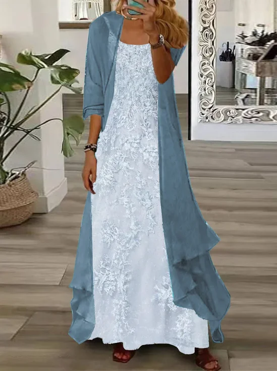 Women Floral Printing Two-Piece Set Daily Three Quarter Sleeve Casual Spring/Fall Dress With Coat Matching Set