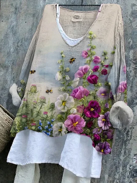 Women Floral Long Sleeve Blouse Spring/Fall Printing V Neck Daily Casual Top