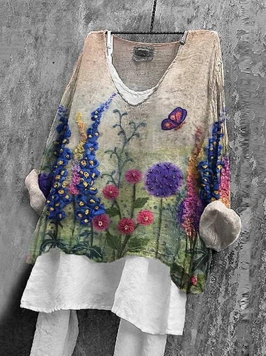 Women Floral Long Sleeve Blouse Spring/Fall Printing V Neck Daily Casual Top