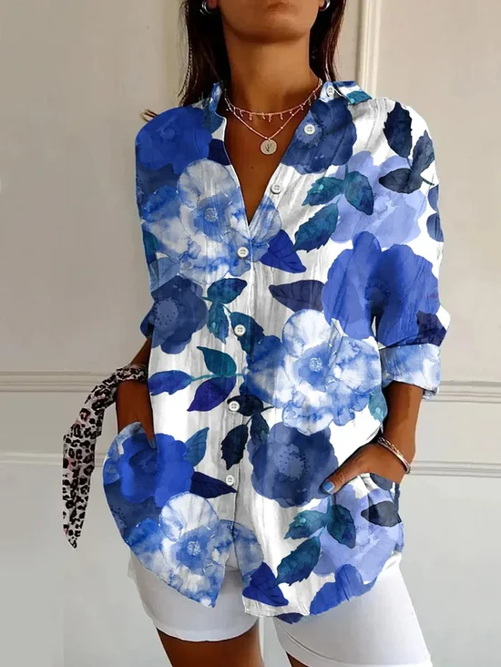 Women Floral Long Sleeve Shirt Spring/Fall Buckle Shirt Collar Daily Casual Top