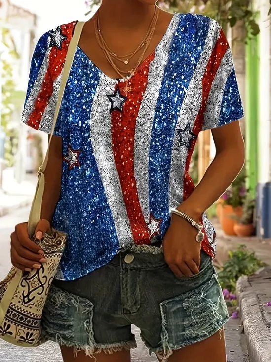 Women Independence Day (Flag) Short Sleeve Tee T-shirt V Neck Printing Casual Summer Graphic Tee Top