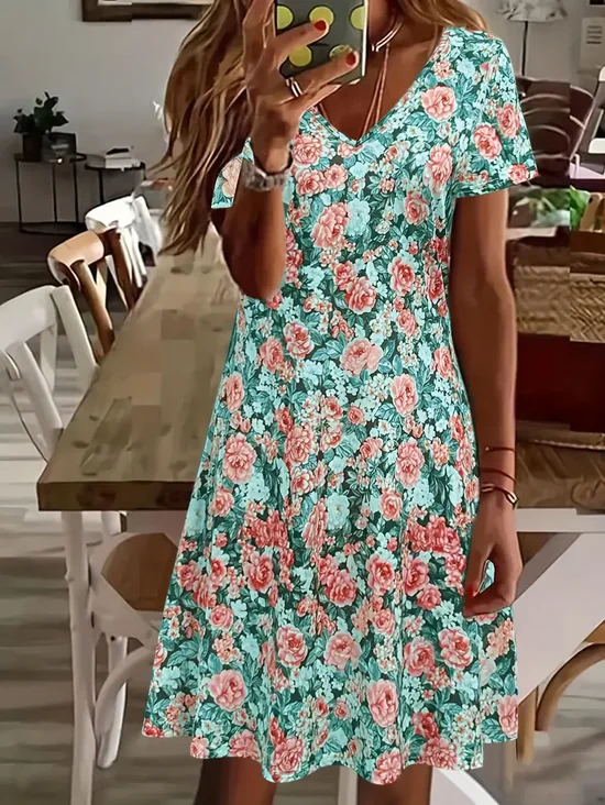 Women Floral Short Sleeve Summer Printing Dress V Neck Daily Casual Midi Fit & Flare Dress A-Line Dress