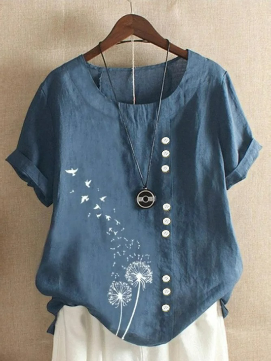 Women Dandelion Half Sleeve Blouse Summer Crew Neck Daily Casual Top