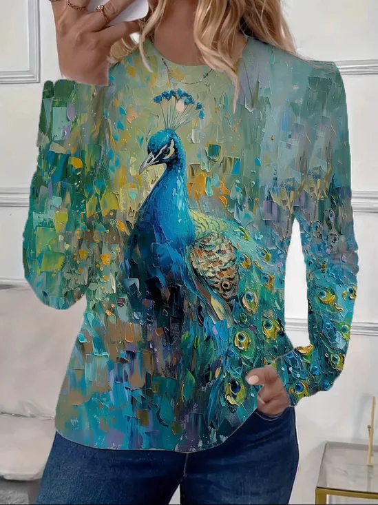 Women Peacock Long Sleeve Tee T-shirt Crew Neck Printing Casual Spring/Fall Graphic Tee Top