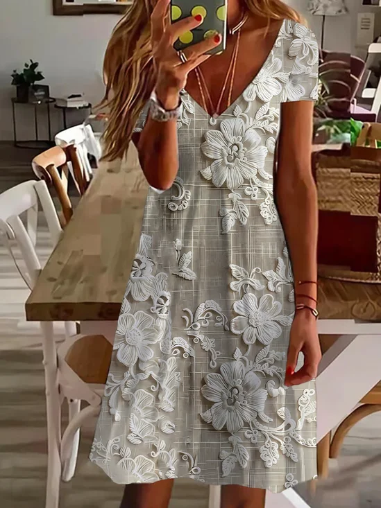 Women Floral Short Sleeve Summer Printing Dress V Neck Daily Casual Midi Fit & Flare Dress A-Line Dress