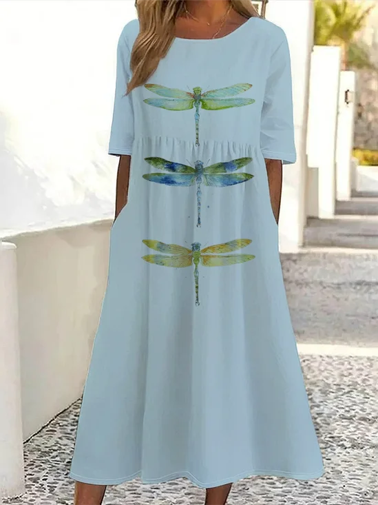 Women Dragonfly Short Sleeve Summer Printing Dress Crew Neck Daily Casual Maxi Shift Dress H-Line Dress