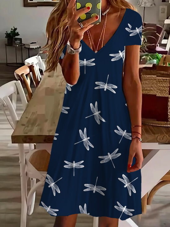 Women Dragonfly Short Sleeve Summer Printing Dress V Neck Daily Casual Midi Fit & Flare Dress A-Line Dress