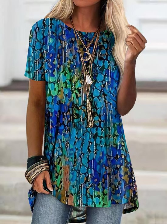 Women Geometric Short Sleeve Tee T-shirt Crew Neck Casual Summer Top