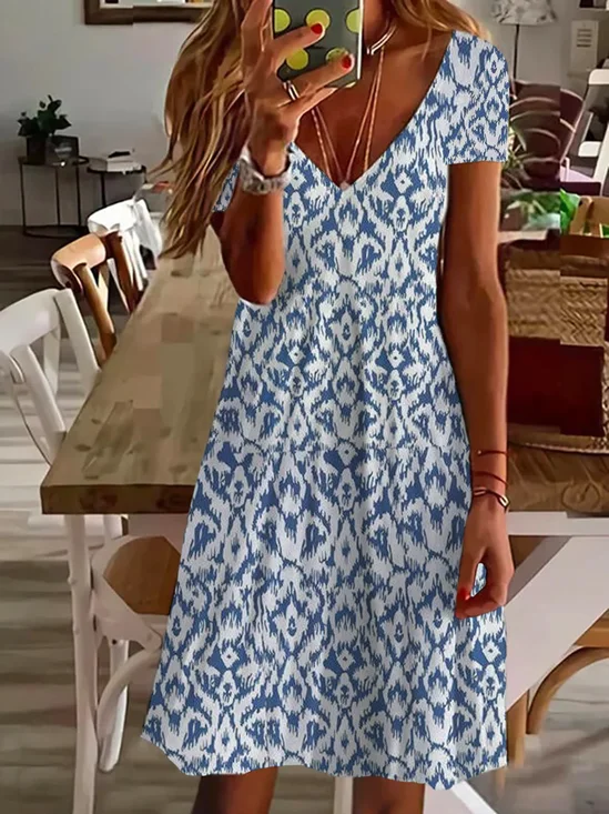 Women Abstract Graphic Short Sleeve Summer Printing Dress V Neck Daily Casual Midi Fit & Flare Dress A-Line Dress