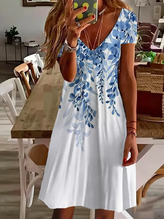 Women Floral Short Sleeve Summer Printing Dress V Neck Daily Casual Midi Fit & Flare Dress A-Line Dress