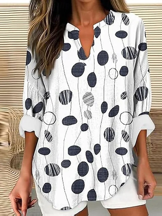 Women Abstract Polka Dots Long Sleeve Blouse Spring/Fall Printing V Neck Daily Casual Top