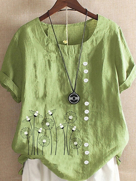 Women Floral Half Sleeve Blouse Summer Crew Neck Daily Casual Top