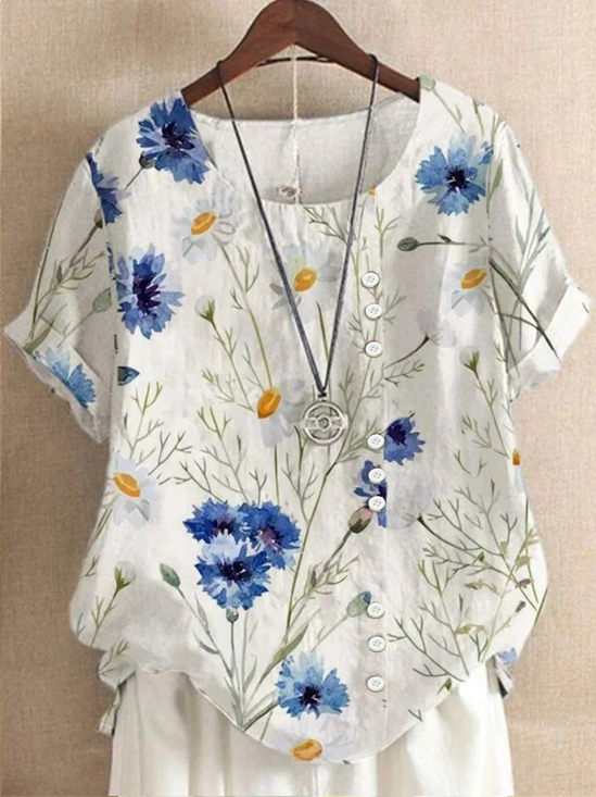 Women Floral Half Sleeve Blouse Summer Crew Neck Daily Casual Top