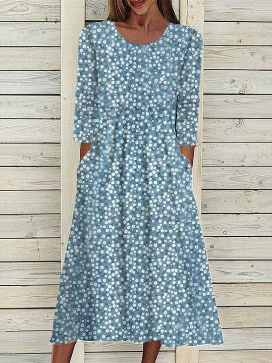 Women Floral Half Sleeve Summer Printing Dress Crew Neck Daily Casual Maxi A-Line Dress