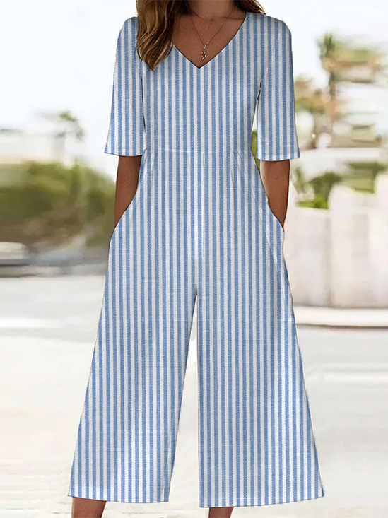 Women Striped V Neck Half Sleeve Casual Summer Jumpsuit