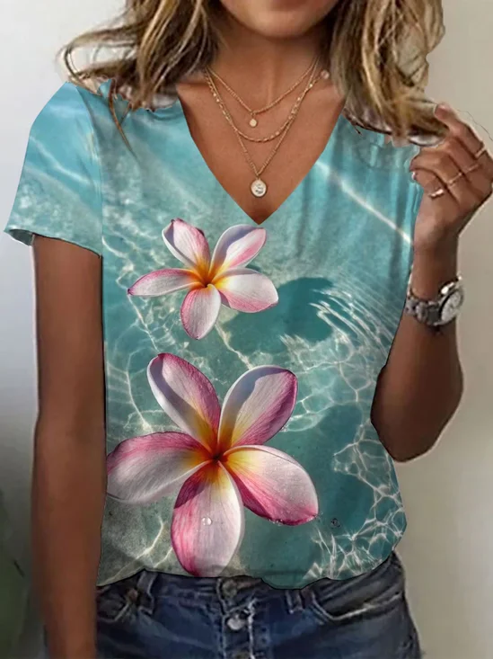 Women Floral Short Sleeve Tee T-shirt V Neck Printing Casual Summer Graphic Tee Top