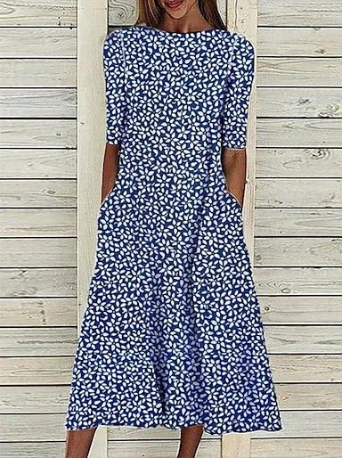 Women Floral Half Sleeve Summer Printing Dress Crew Neck Daily Casual Maxi A-Line Dress