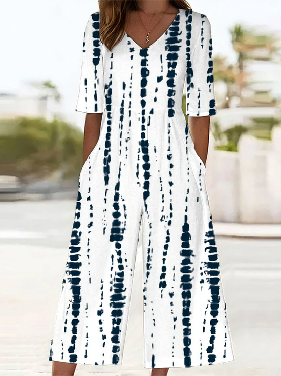 Women Striped V Neck Half Sleeve Casual Summer Jumpsuit