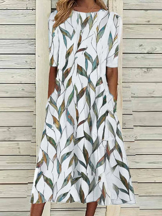 Women Floral Half Sleeve Summer Printing Dress Crew Neck Daily Casual Maxi A-Line Dress