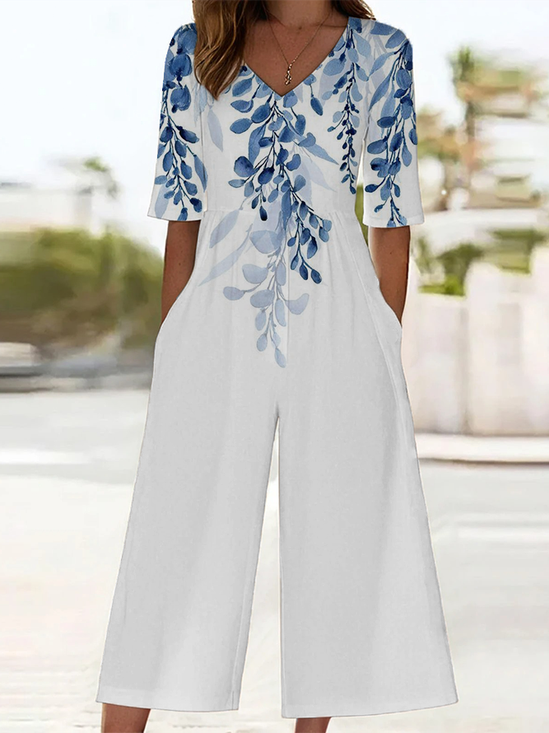 Women Floral V Neck Half Sleeve Casual Summer Jumpsuit