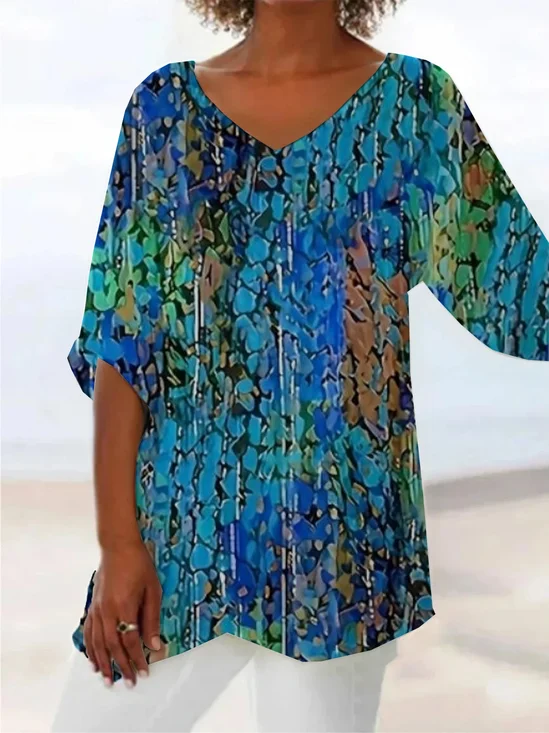 Women Abstract Short Sleeve Shirt Summer Printing V Neck Daily Casual Top