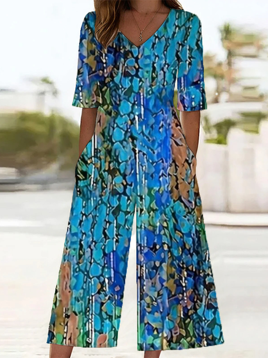 Women Abstract V Neck Half Sleeve Casual Summer Jumpsuit