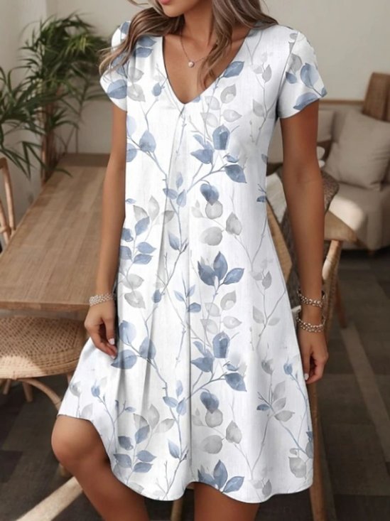 Women Floral Short Sleeve Summer Dress V Neck Daily Casual Maxi A-Line Dress