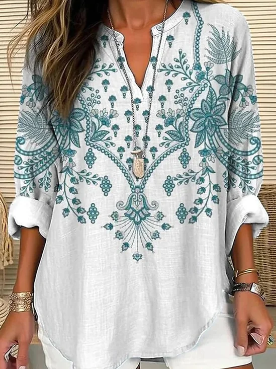 Women Nationality/ethnic Half Sleeve Blouse Summer Shawl Collar Daily Casual Top