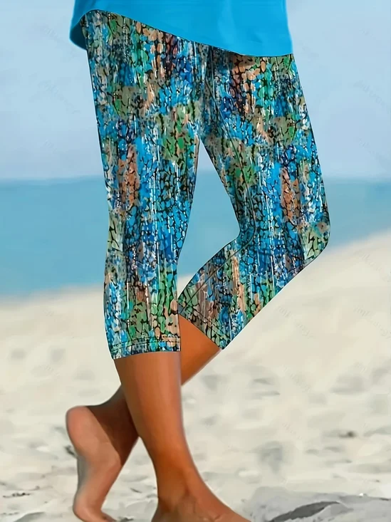 Women Abstract Elastic Waist Vintage Summer Capris Leggings